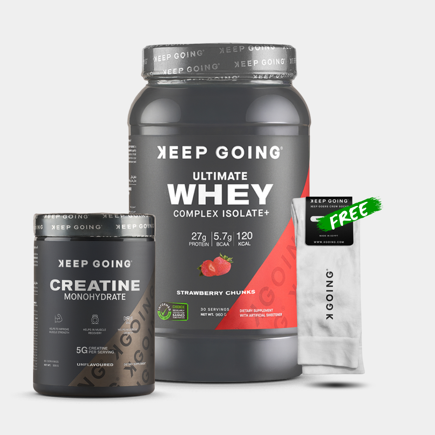 Whey Complex Isolate+ Strawberry Chunks + Creatine Monohydrate + Free White KEEP GOERS Crew Socks