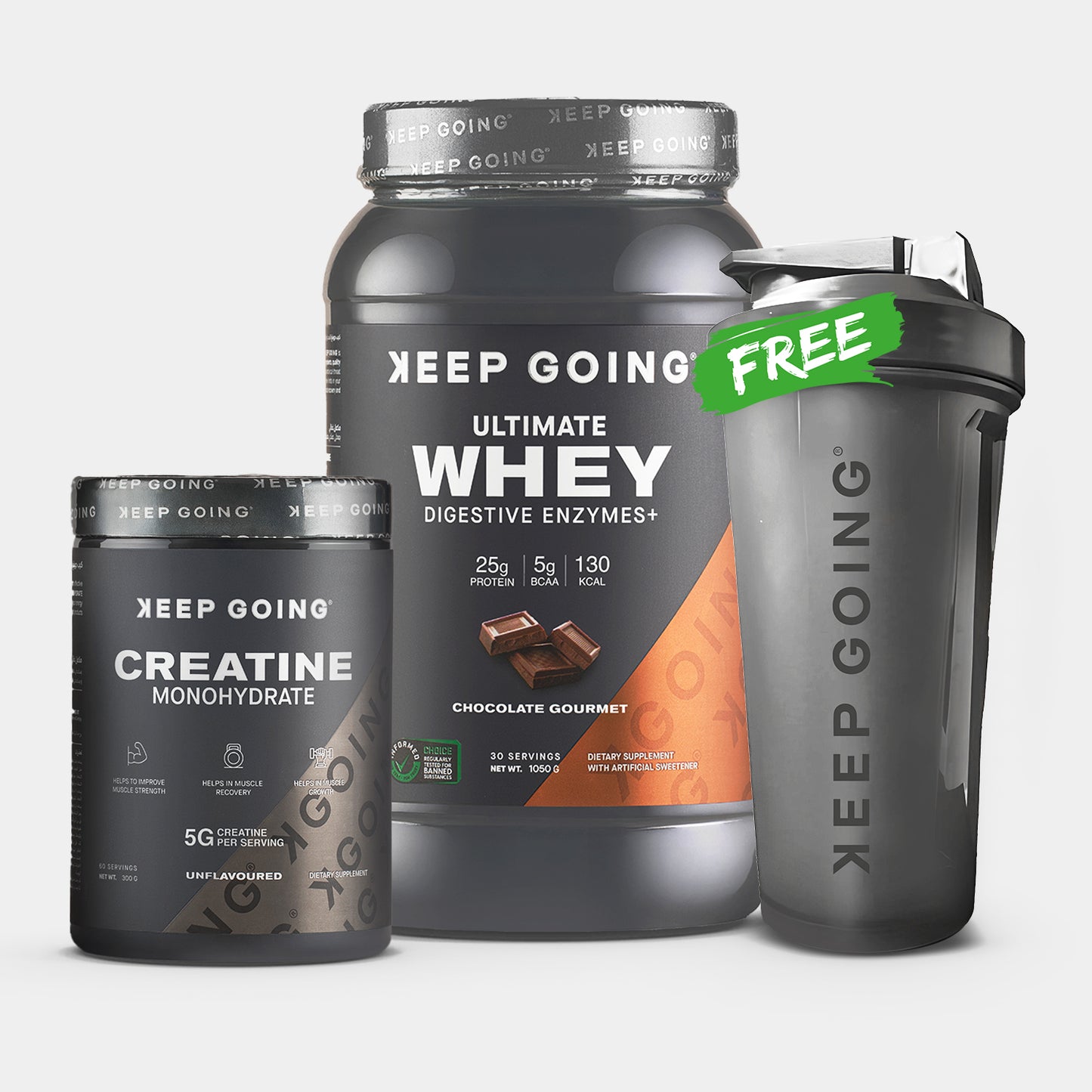 Chocolate Gourmet Whey + Keep Going Creatine Monohydrate + Free Keep Going Plastic Shaker