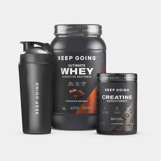 Chocolate Gourmet Whey + Keep Going Creatine Monohydrate + Premium Stainless Steel Shaker