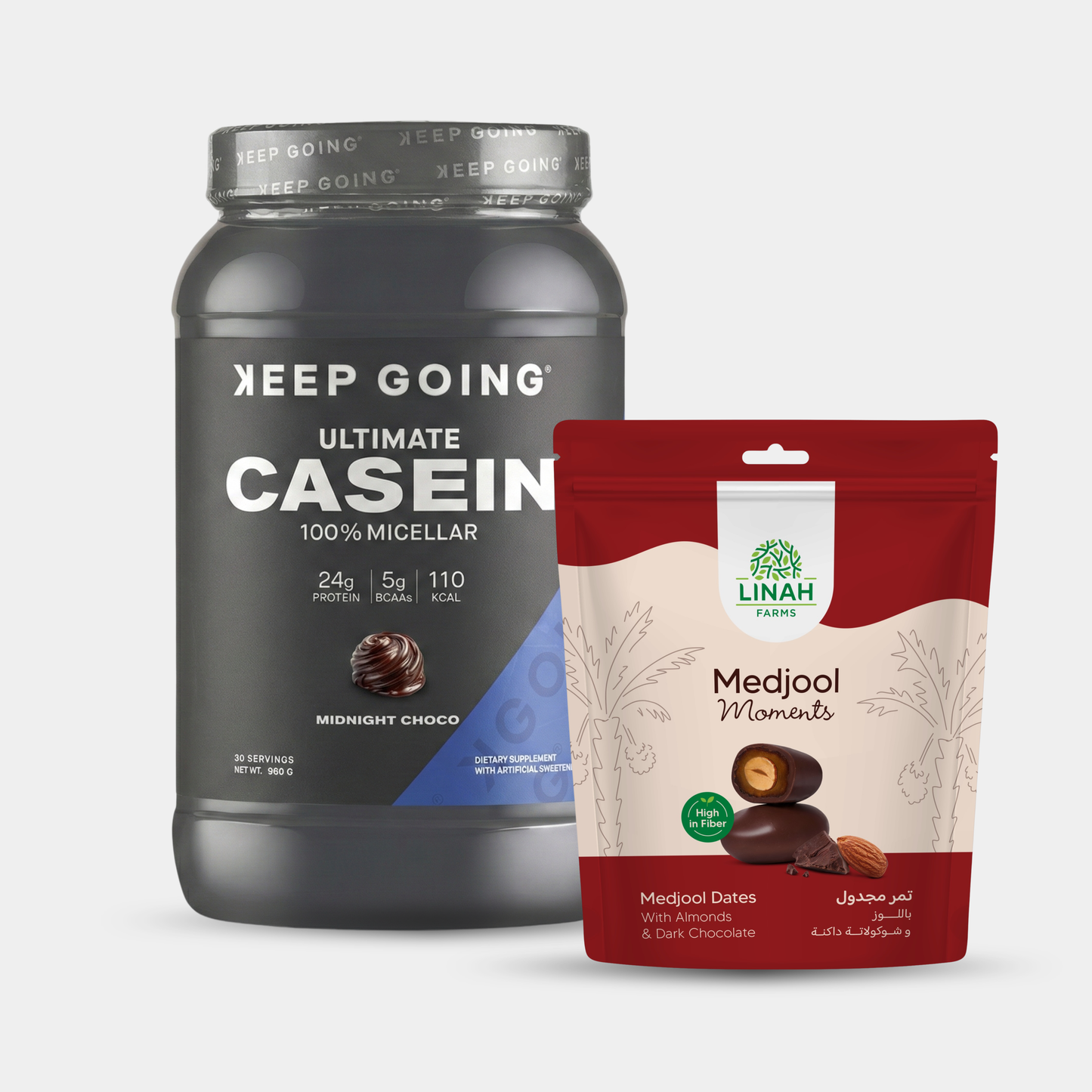 Ultimate 100% Micellar Casein Midnight Choco + Linah Farms Dark Chocolate Nuts Pouch (Almond) 300 grams