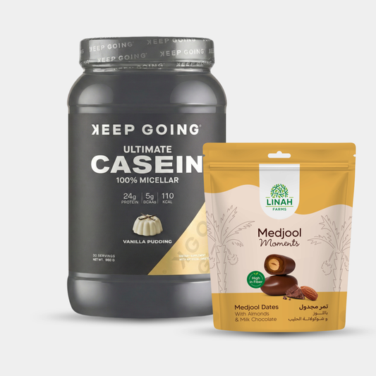 Ultimate 100% Micellar Casein Vanilla Pudding + Linah Farms Milk Chocolate Nuts Pouch (Almond) 300 grams