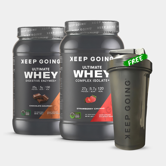 Chocolate Gourmet Whey + Strawberry Chunks Whey + Free Keep Going Plastic Shaker