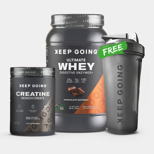 Chocolate Gourmet Whey + Keep Going Creatine Monohydrate + Free Keep Going Plastic Shaker